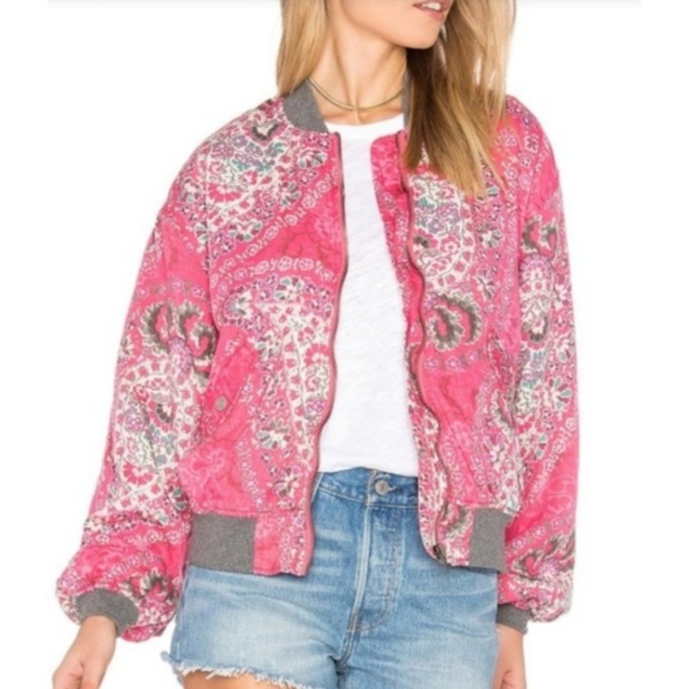 Free People Paisley Pink Bomber Jacket | Size M